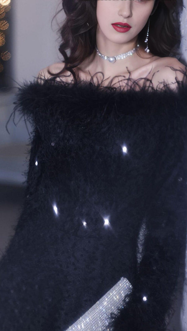 AIIZIE SEQUIN SEXY OFF SHOULDER FEATHER LONG SLEECES GOWN IN BLACK - product image