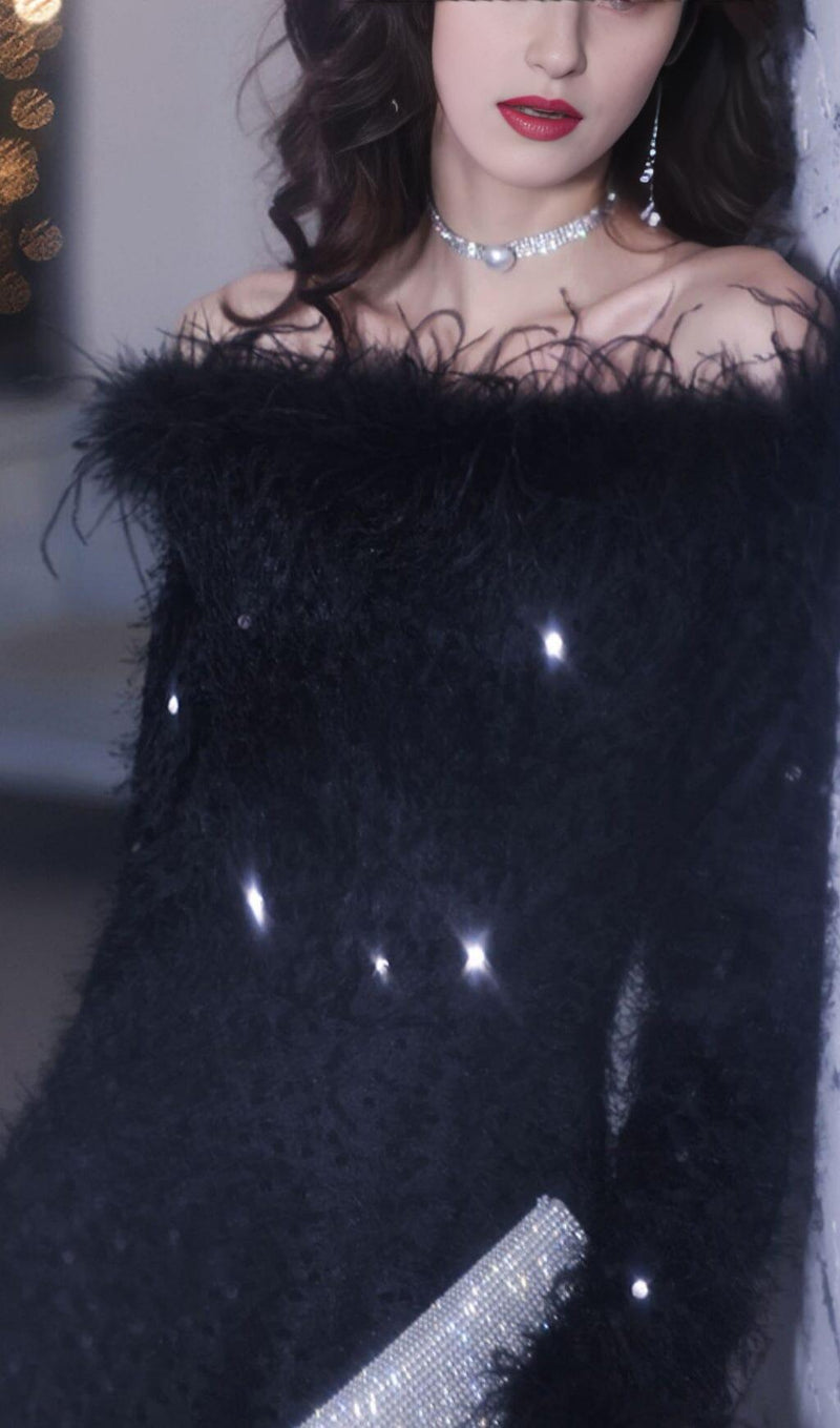 SEQUIN SEXY OFF SHOULDER FEATHER LONG SLEECES GOWN IN BLACK