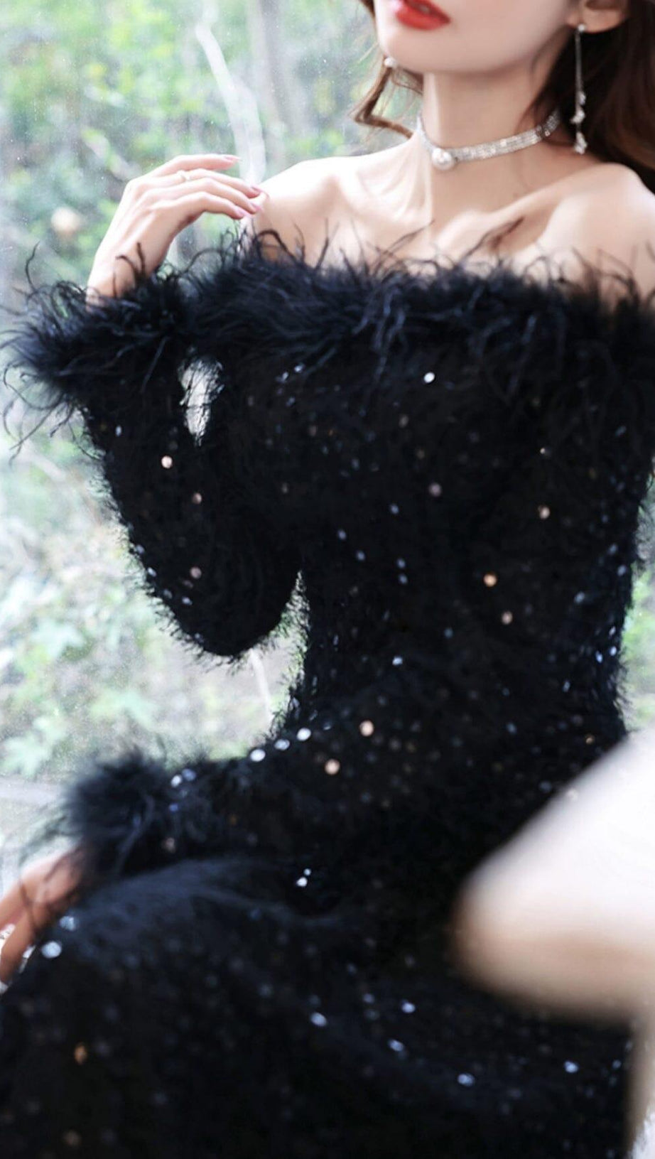 SEQUIN SEXY OFF SHOULDER FEATHER LONG SLEECES GOWN IN BLACK
