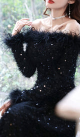 SEQUIN SEXY OFF SHOULDER FEATHER LONG SLEECES GOWN IN BLACK