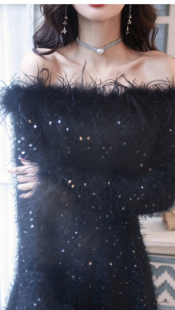 AIIZIE SEQUIN SEXY OFF SHOULDER FEATHER LONG SLEECES GOWN IN BLACK - product image