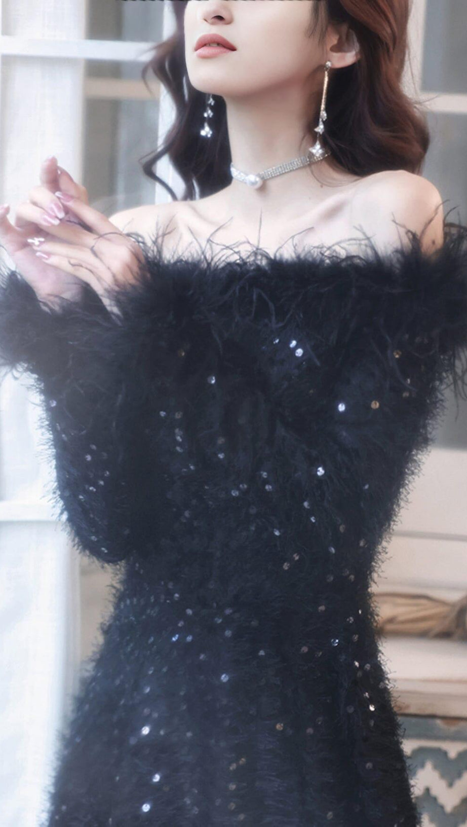 SEQUIN SEXY OFF SHOULDER FEATHER LONG SLEECES GOWN IN BLACK