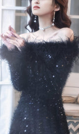 SEQUIN SEXY OFF SHOULDER FEATHER LONG SLEECES GOWN IN BLACK