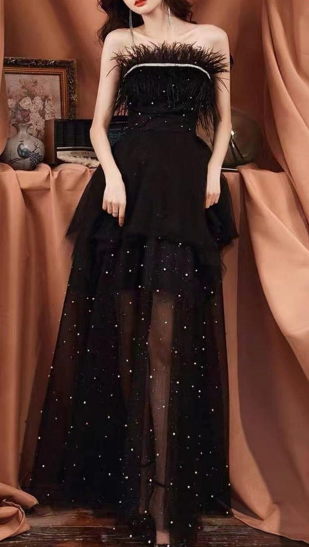 AIIZIE SEXY LACE BACKLESS LONG BEADED FANCY FORMAL GOWNS IN BLACK - product image