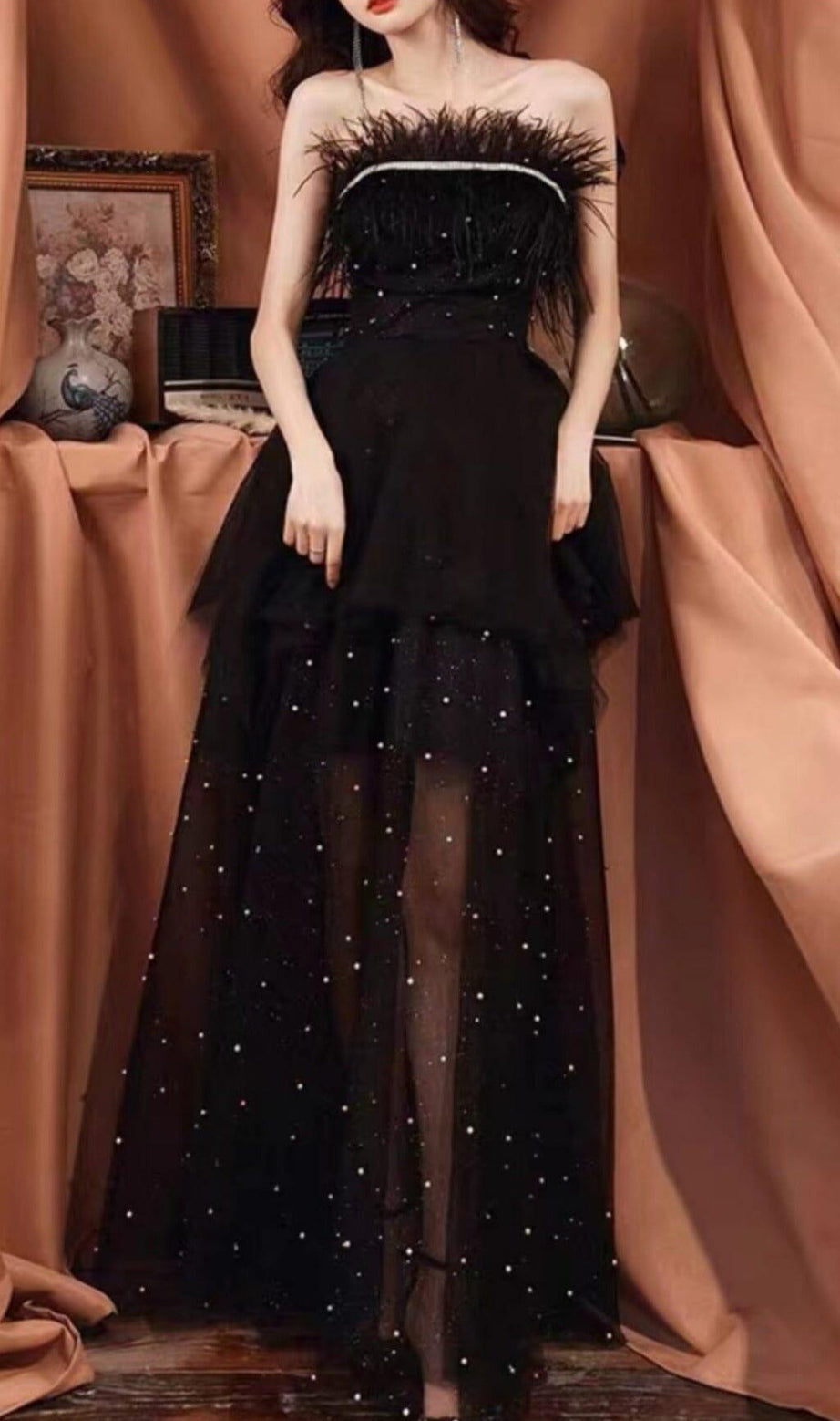 ABITO DA CERIMONIA LUNGO E FANTASTICO CON PERLINE E SCHIENA SEXY IN PIZZO NERO