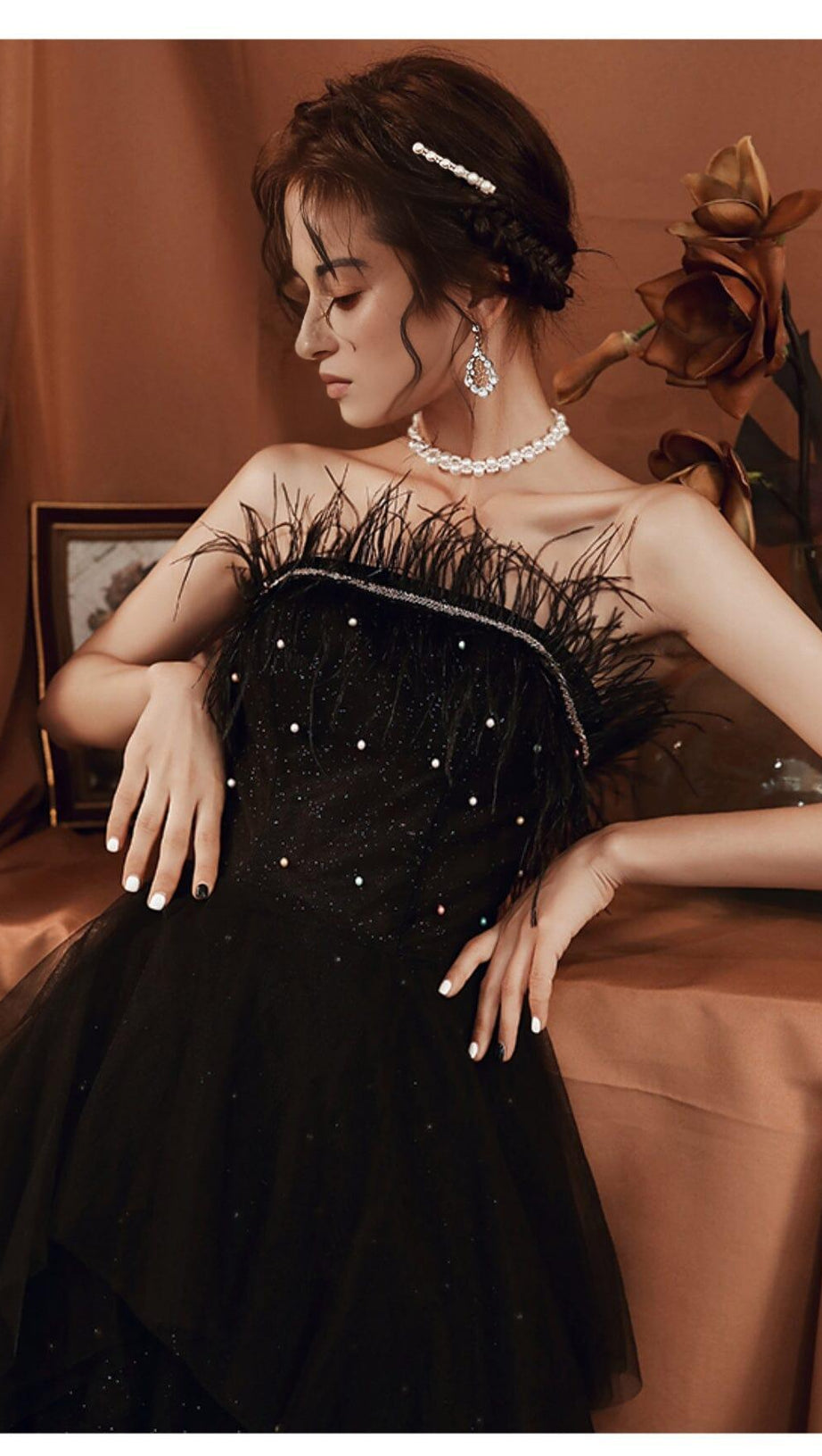 SEXY LACE BACKLESS LONG BEADED FANCY FORMAL GOWNS IN BLACK