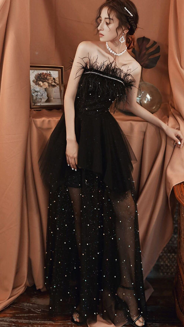 AIIZIE SEXY LACE BACKLESS LONG BEADED FANCY FORMAL GOWNS IN BLACK - product image
