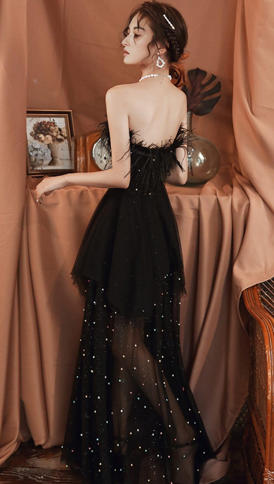 SEXY LACE BACKLESS LONG BEADED FANCY FORMAL GOWNS IN BLACK
