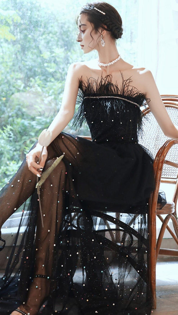 AIIZIE SEXY LACE BACKLESS LONG BEADED FANCY FORMAL GOWNS IN BLACK - product image