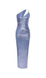 ONE SHOULDER CUT OUT SPLIT METALLIC DRESS