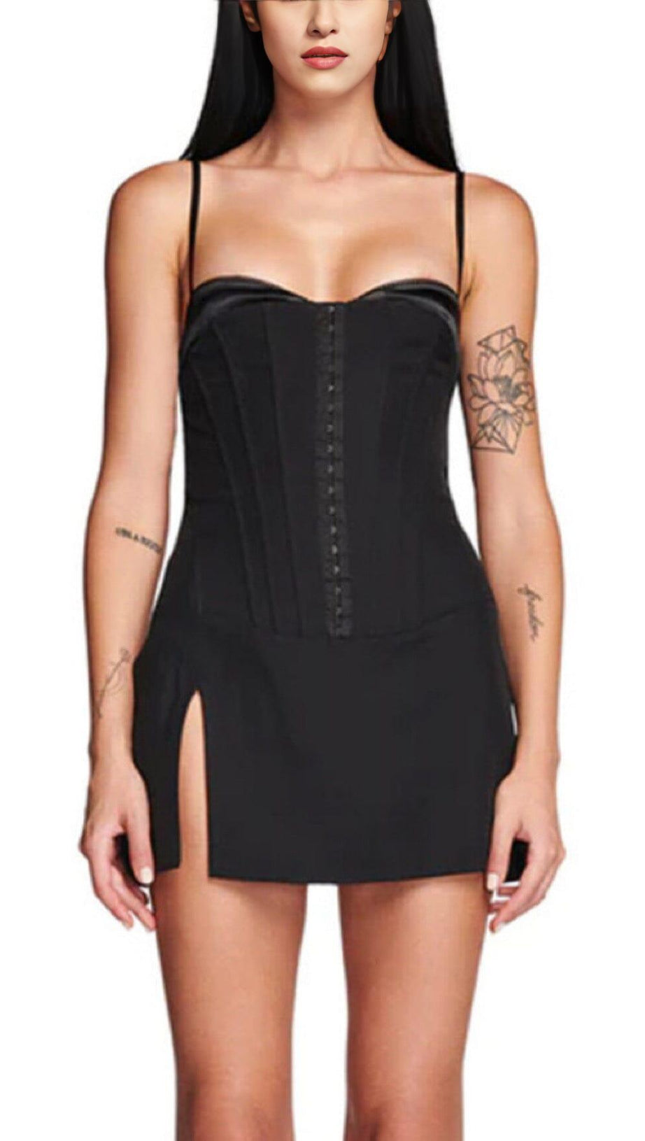 FISHBONE SUSPENDER MINI DRESS IN BLACK