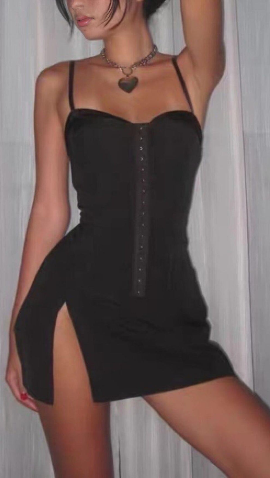 FISHBONE SUSPENDER MINI DRESS IN BLACK