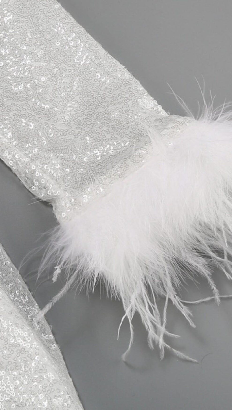 SEQUINED FEATHER MINI DRESS IN WHITE