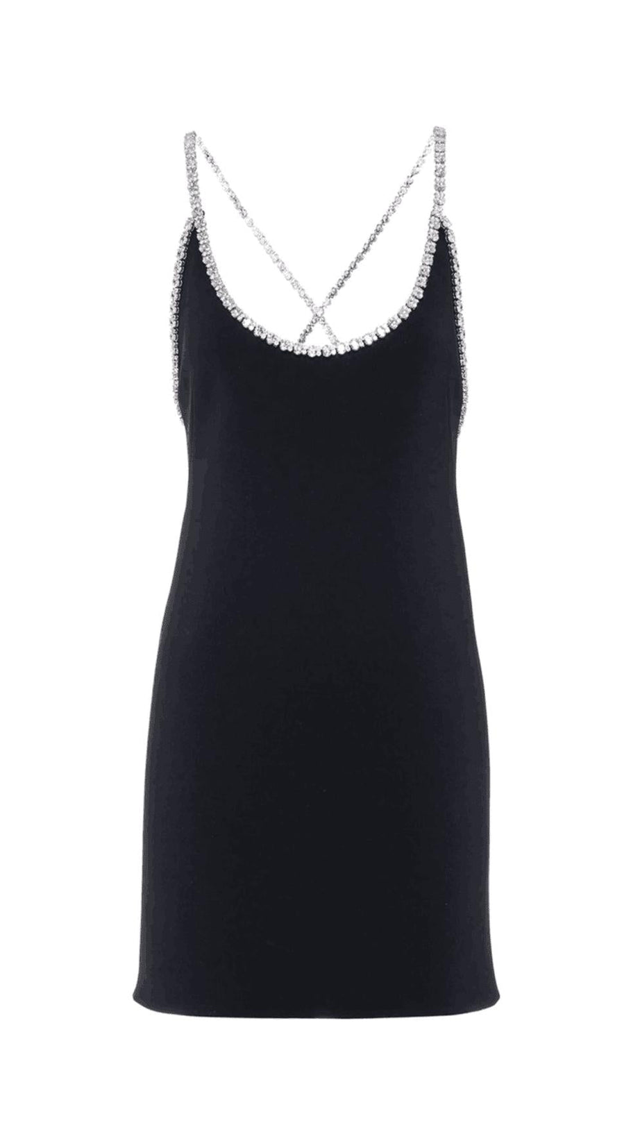 DIAMOND-TRIMMED SUSPENDER MINI DRESS IN BLACK