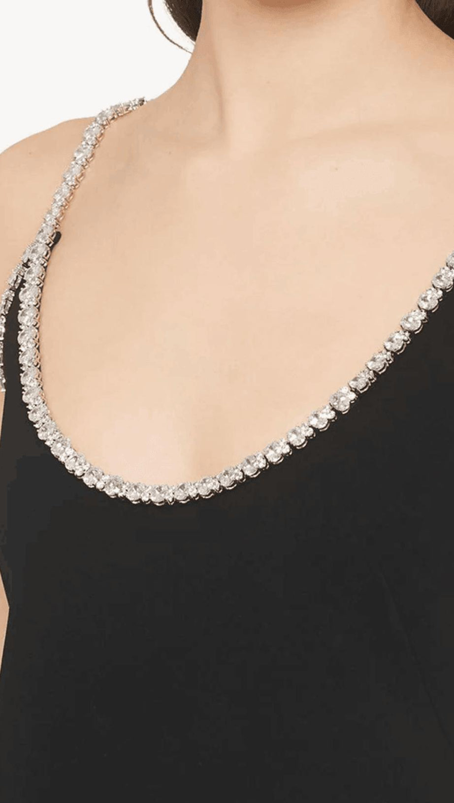 DIAMOND-TRIMMED SUSPENDER MINI DRESS IN BLACK