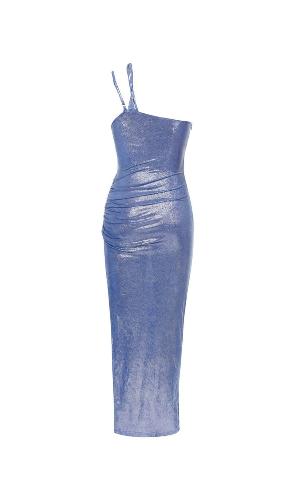 ONE SHOULDER CUT OUT SPLIT METALLIC DRESS