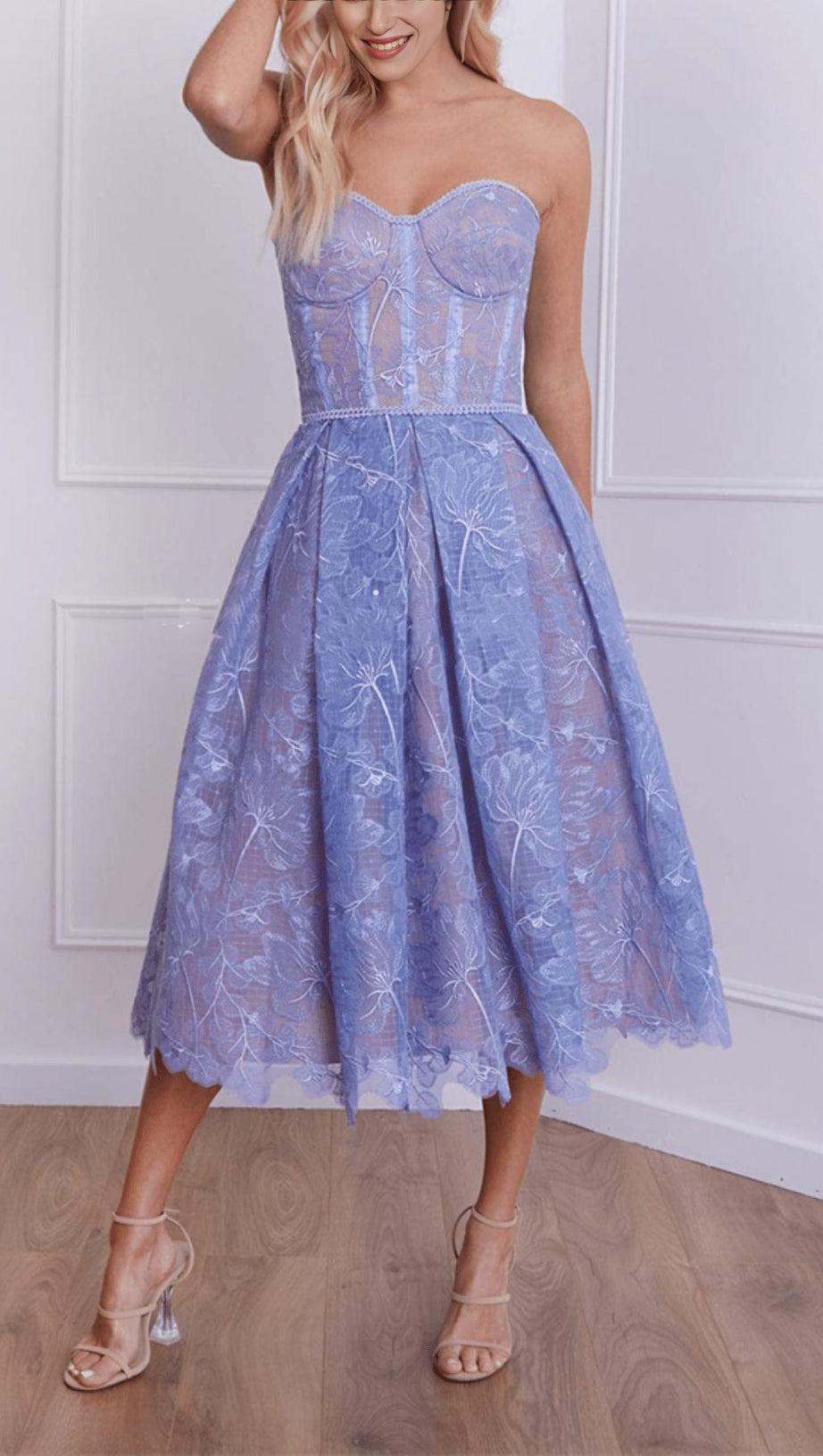 ABITO MIDI A FASCIA IN PIZZO BLU