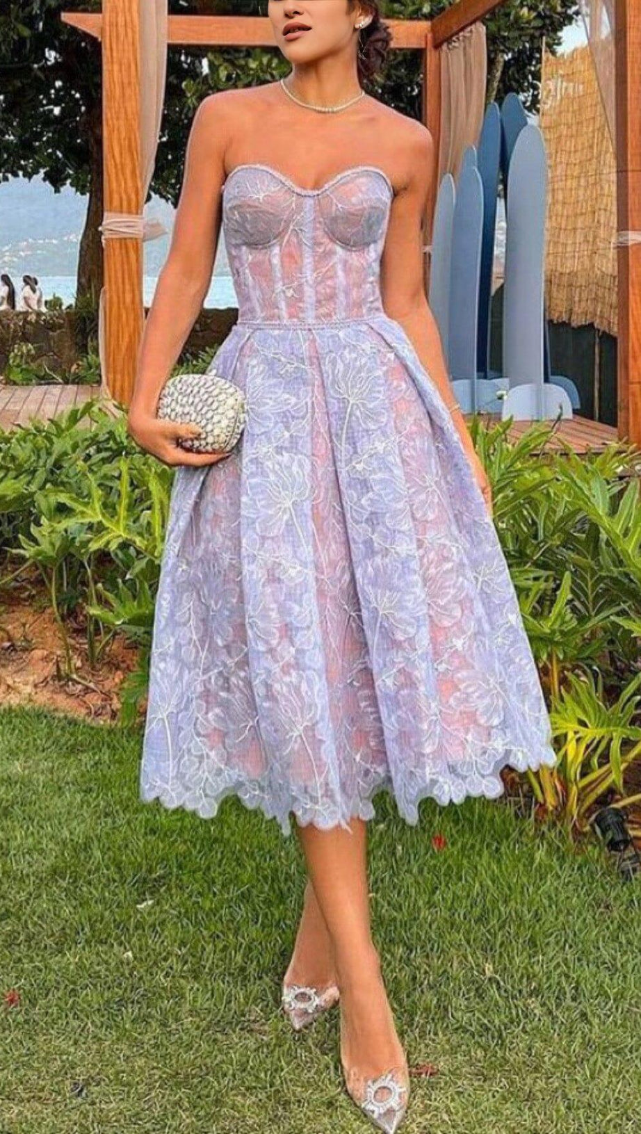 ABITO MIDI A FASCIA IN PIZZO BLU