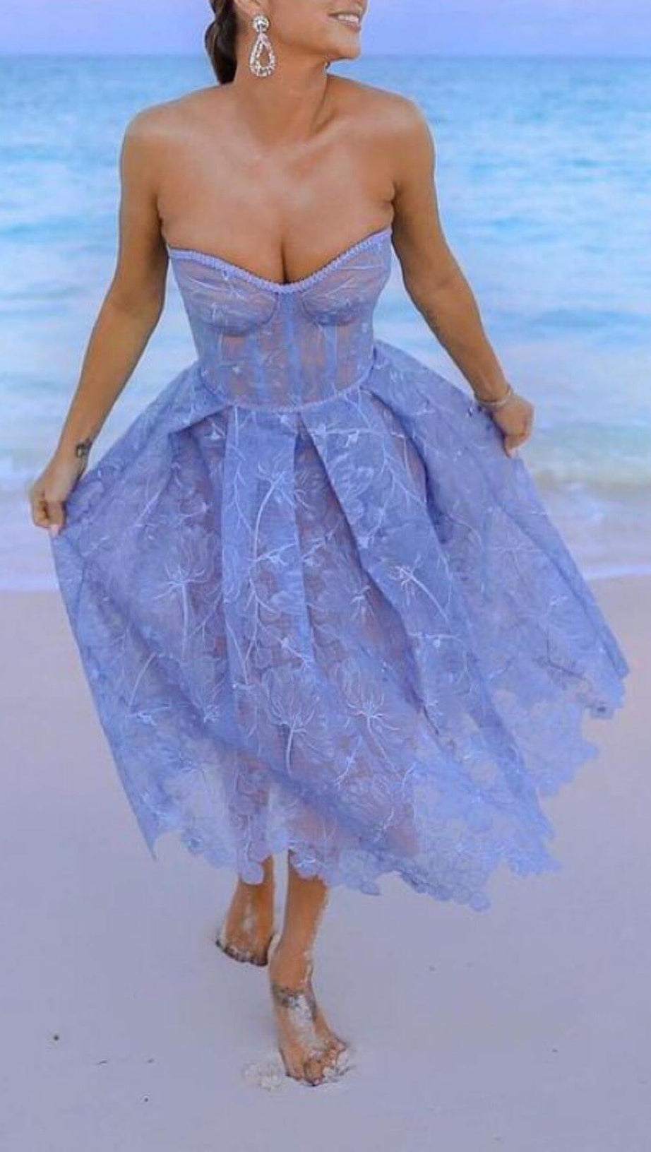 ABITO MIDI A FASCIA IN PIZZO BLU