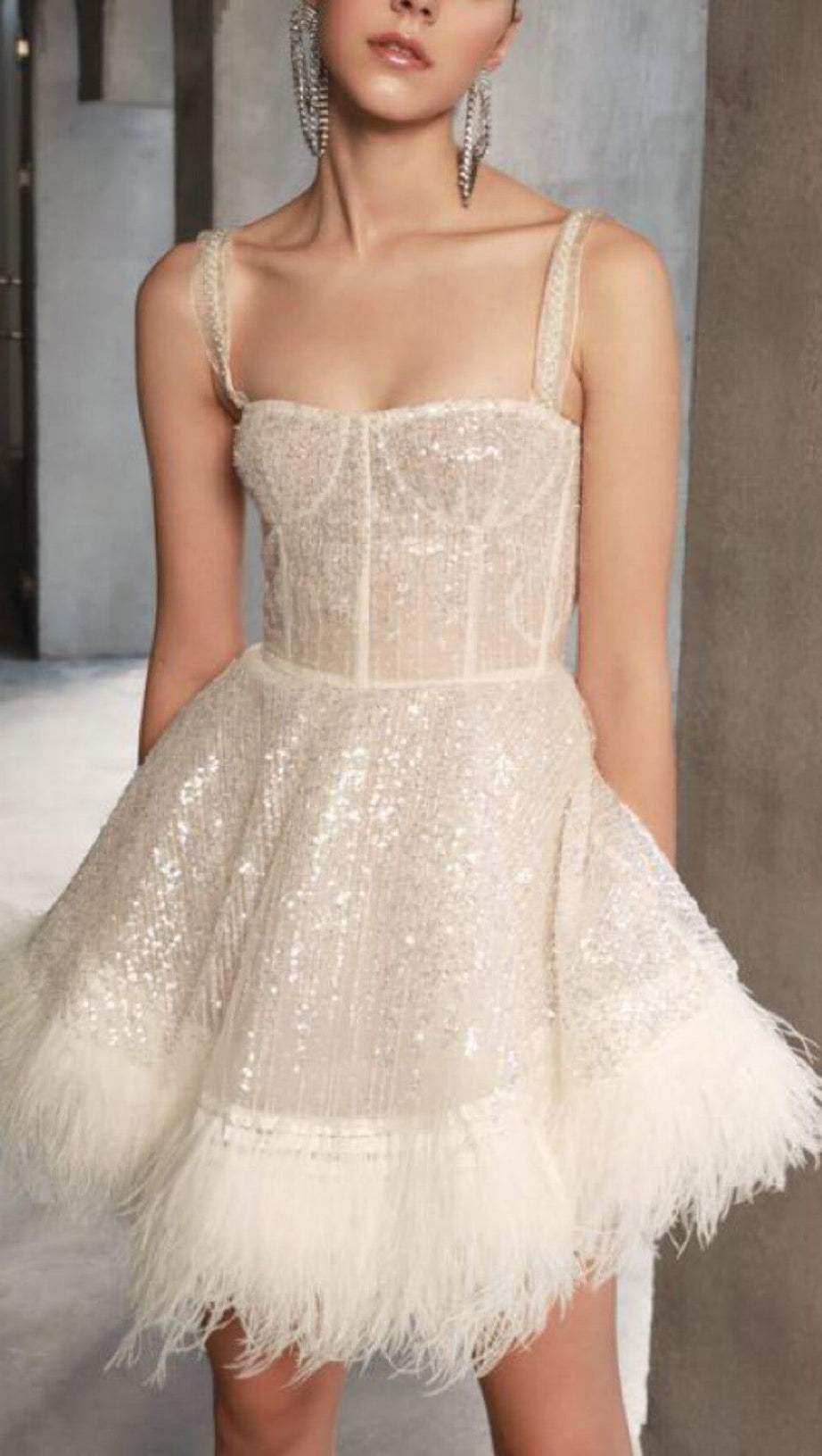 SEQUIN FEATHER SUSPENDER DRESS IN APRICOT 
