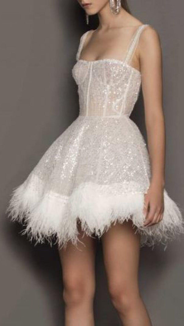 AIIZIE SEQUIN FEATHER SUSPENDER DRESS IN APRICOT - product image