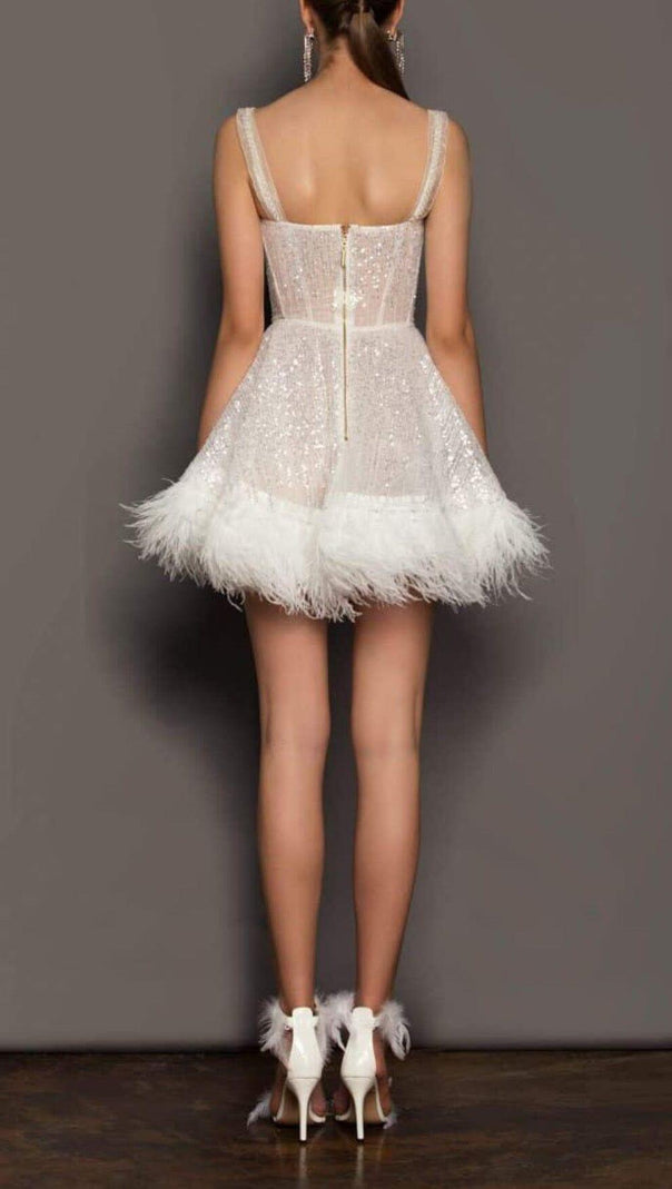 AIIZIE SEQUIN FEATHER SUSPENDER DRESS IN APRICOT - product image
