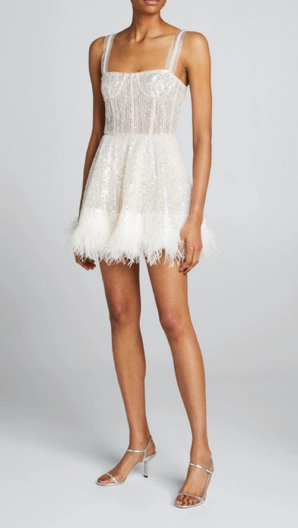 AIIZIE SEQUIN FEATHER SUSPENDER DRESS IN APRICOT - product image