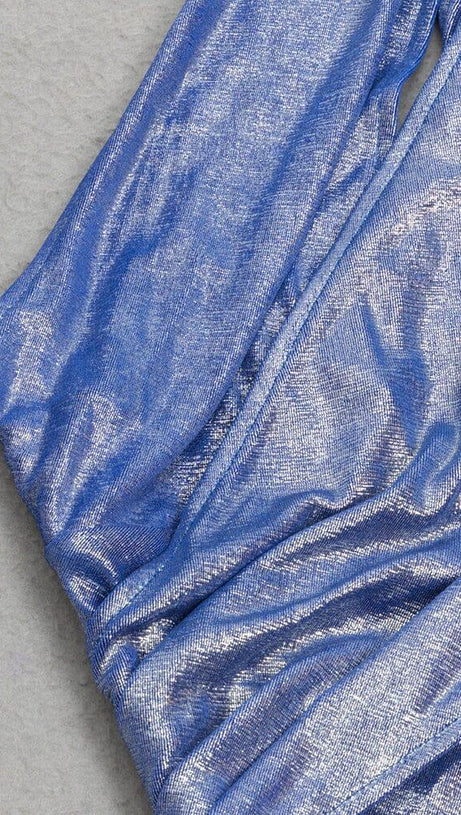 ONE SHOULDER CUT OUT SPLIT METALLIC DRESS