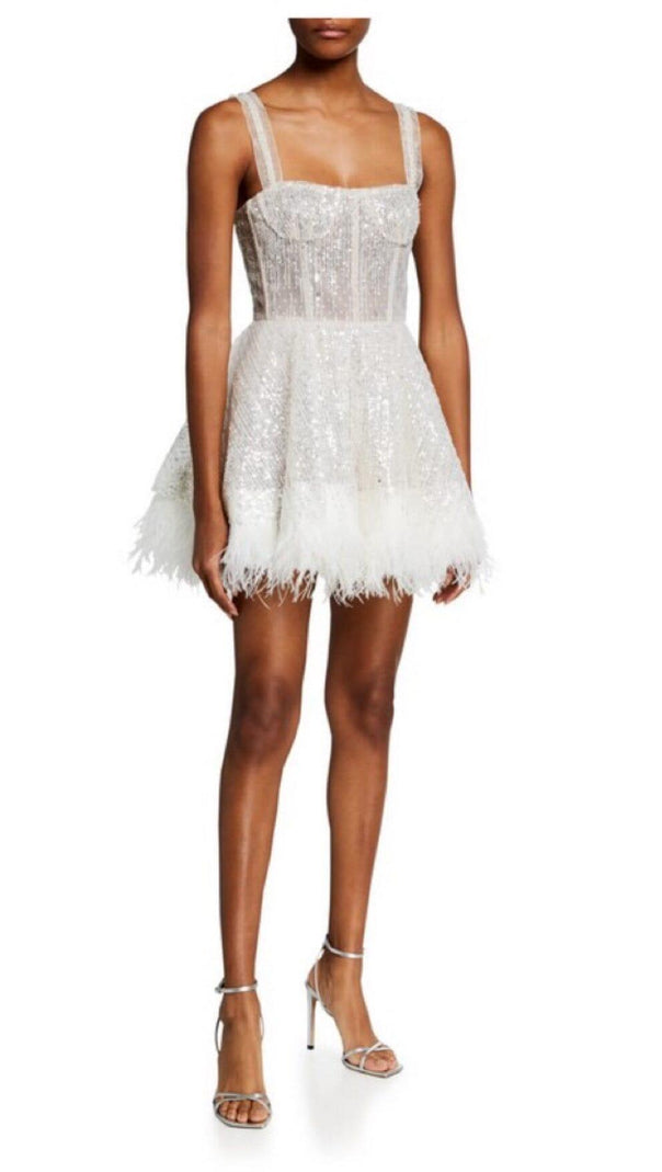 AIIZIE SEQUIN FEATHER SUSPENDER DRESS IN APRICOT - product image