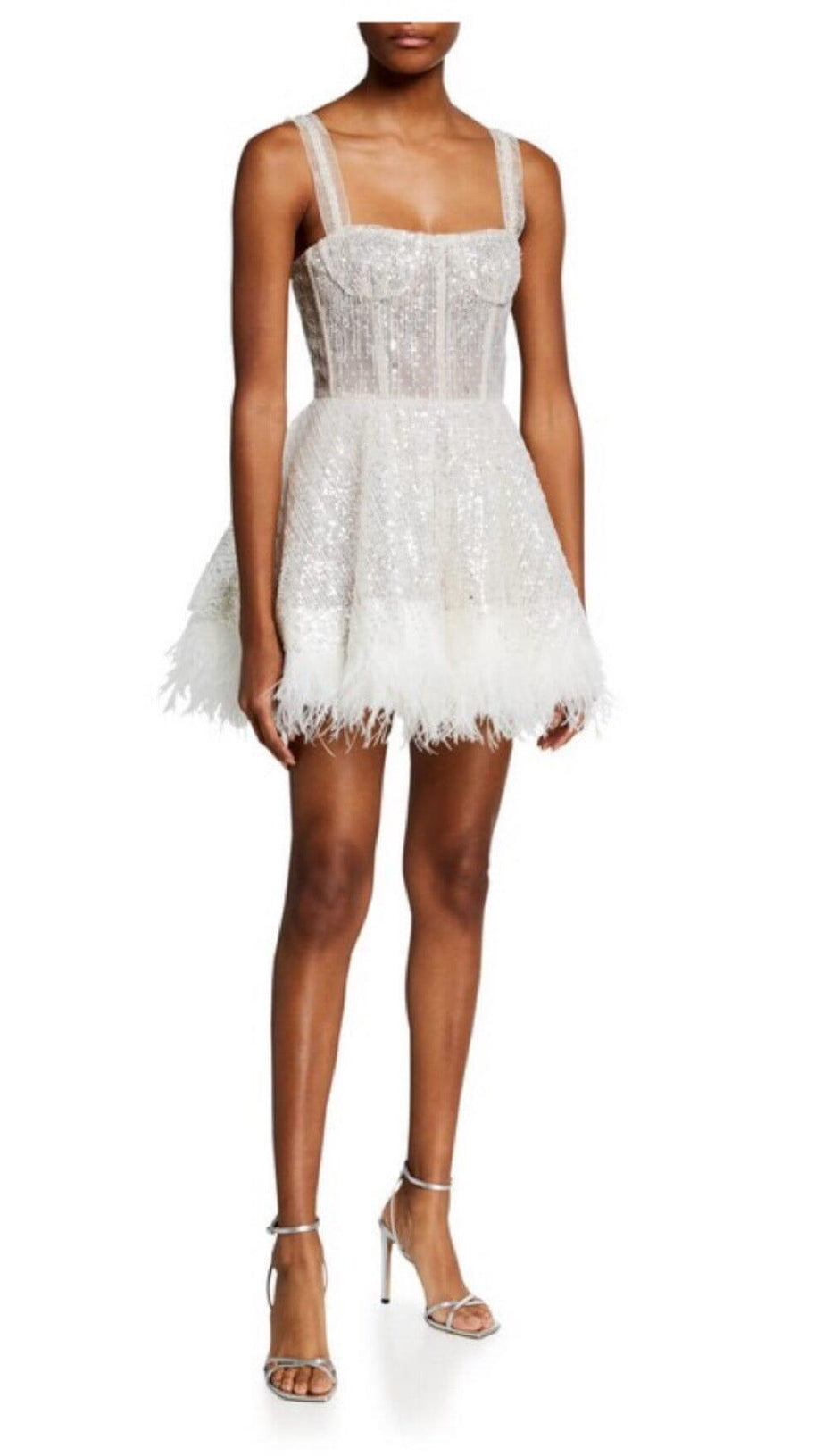 ABITO CON BRETELLE E PIUME CON PAILLETTES COLOR ALBICOCCA