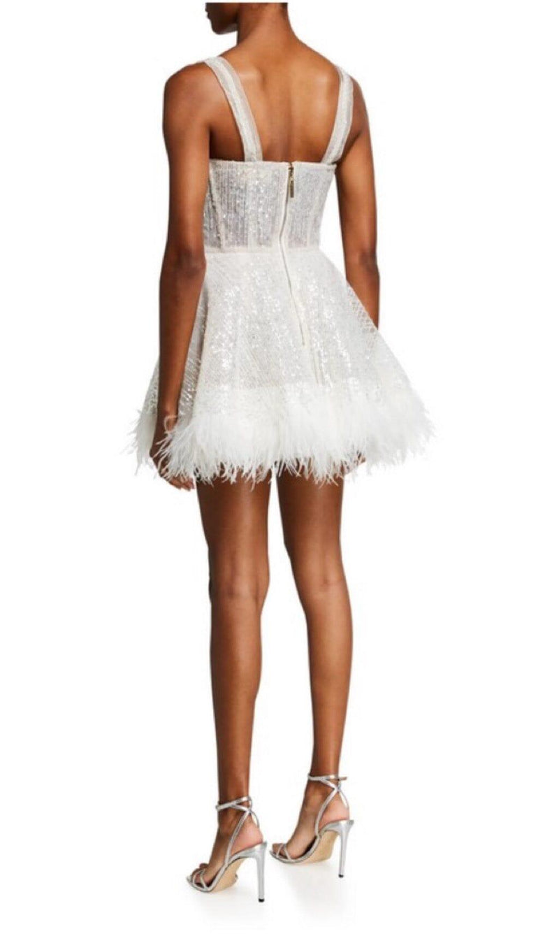 SEQUIN FEATHER SUSPENDER DRESS IN APRICOT 