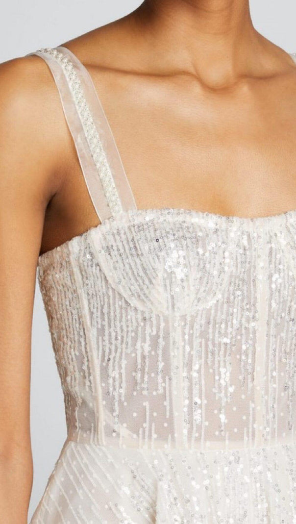 AIIZIE SEQUIN FEATHER SUSPENDER DRESS IN APRICOT - product image