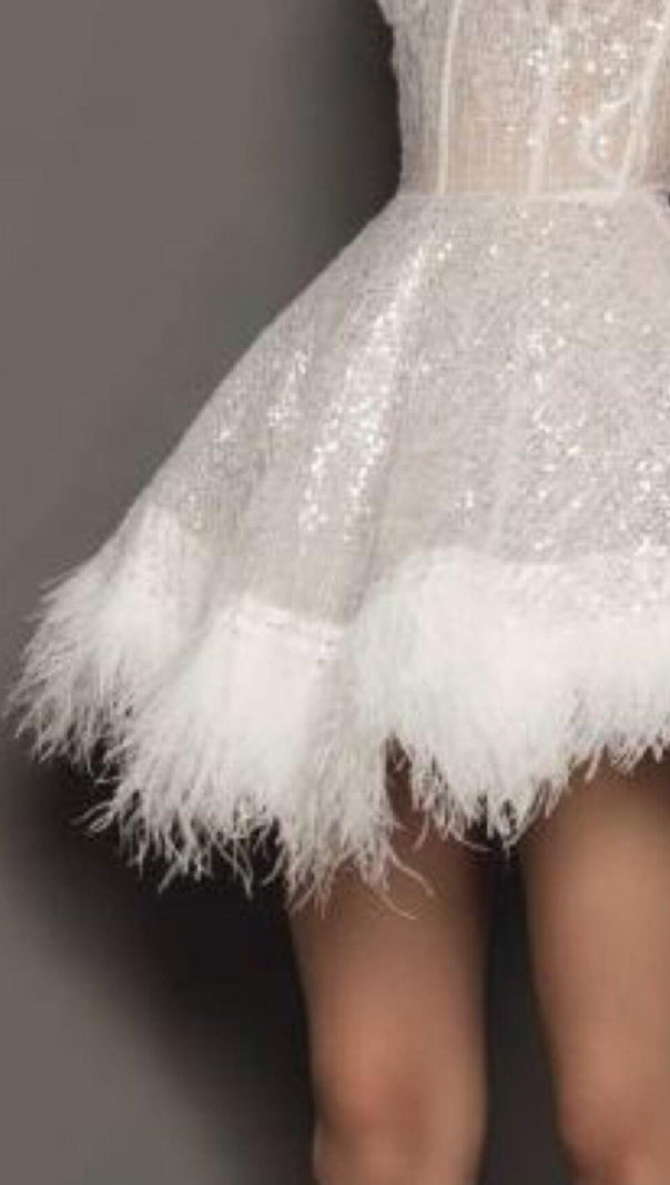 AIIZIE SEQUIN FEATHER SUSPENDER DRESS IN APRICOT - product image