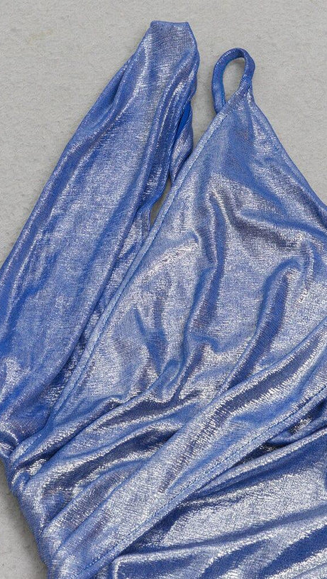 ONE SHOULDER CUT OUT SPLIT METALLIC DRESS