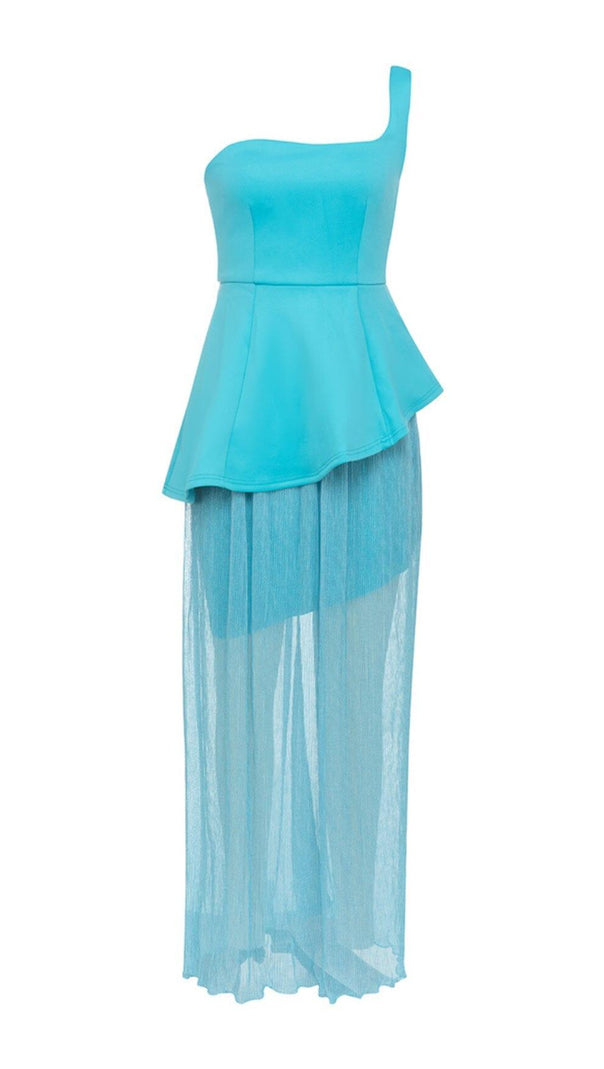 AIIZIE ONE SHOULDER BODYCON RUFFLED MESH BLUE PLEATED MIDI DRESS - product image