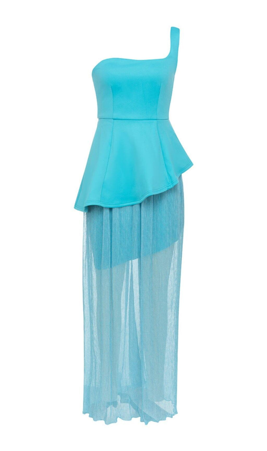 Bodycon-Kleid mit einer Schulter, Rüschen, Netzstoff, blau, plissiert
