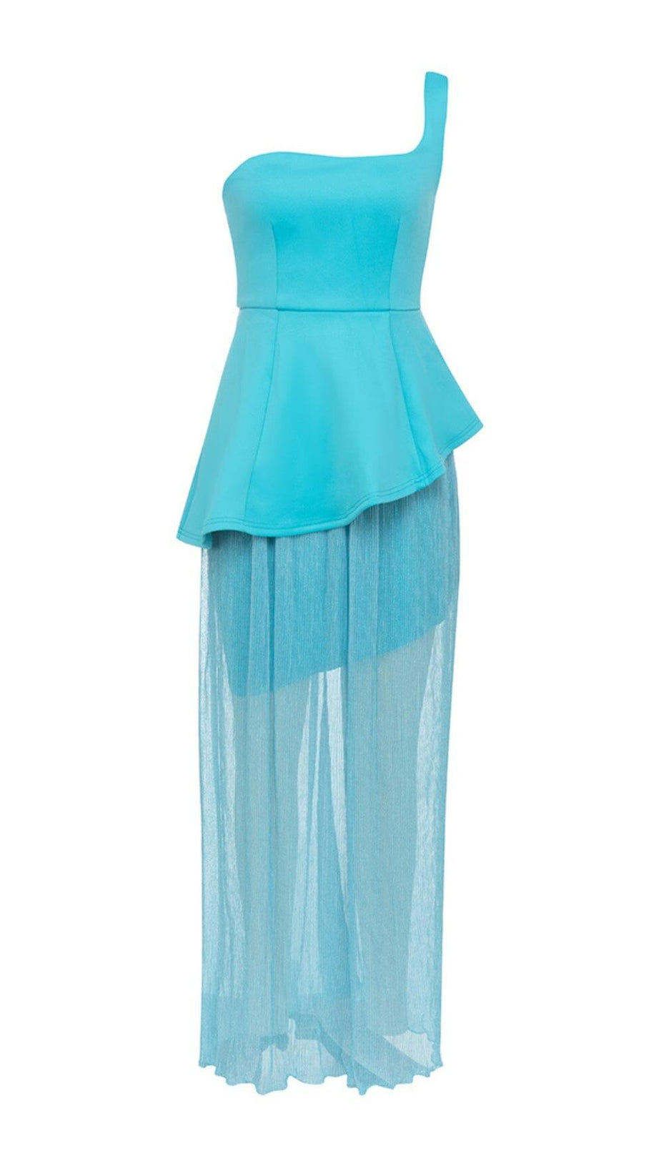 ONE SHOULDER BODYCON RUFFLED MESH BLUE PLEATED MIDI DRESS