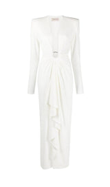 WHITE PLUNGE-NECK DRAPED GOWN