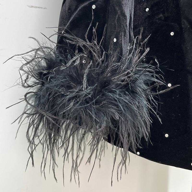 BLAZER IN VELLUTO CON PIUME E BOTTONE SINGOLO NERO