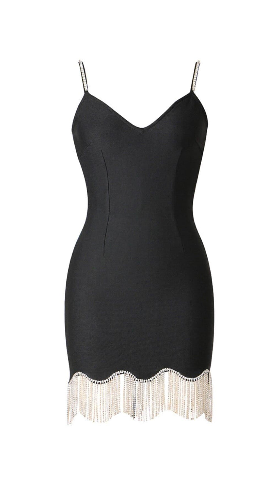 WAVY FRINGED SUSPENDER DRESS IN BLACK