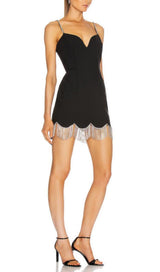 WAVY FRINGED SUSPENDER DRESS IN BLACK