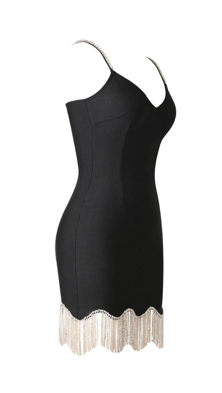 ABITO CON BRETELLE E FRANGE ONDULATE IN NERO