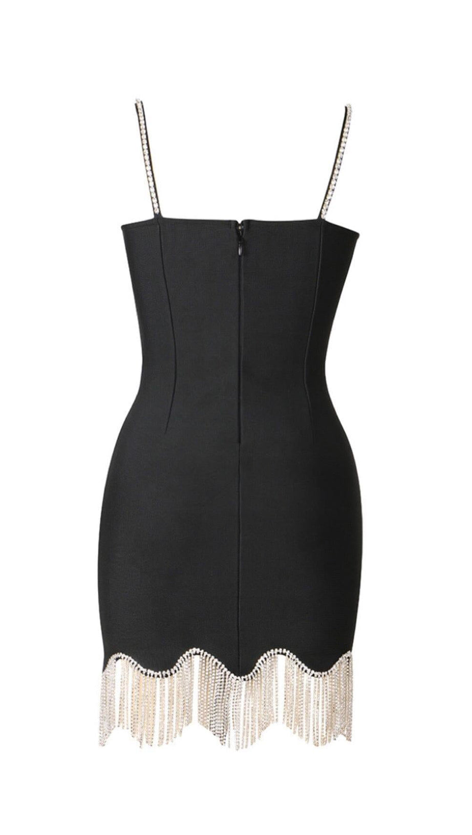 ABITO CON BRETELLE E FRANGE ONDULATE IN NERO