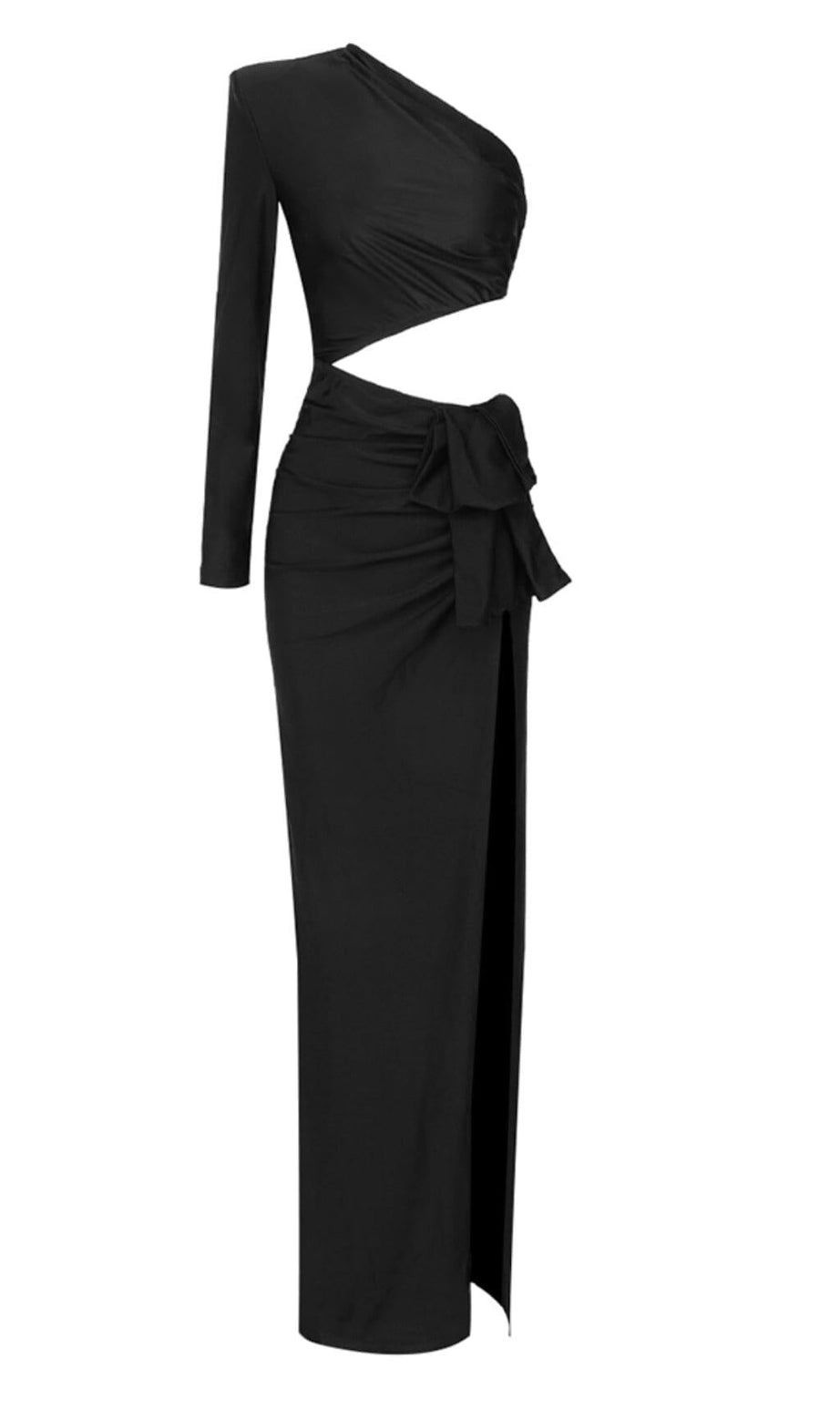 ABITO LUNGO NERO CON CUCITURE IN SPANDEX RAME E SPACCO
