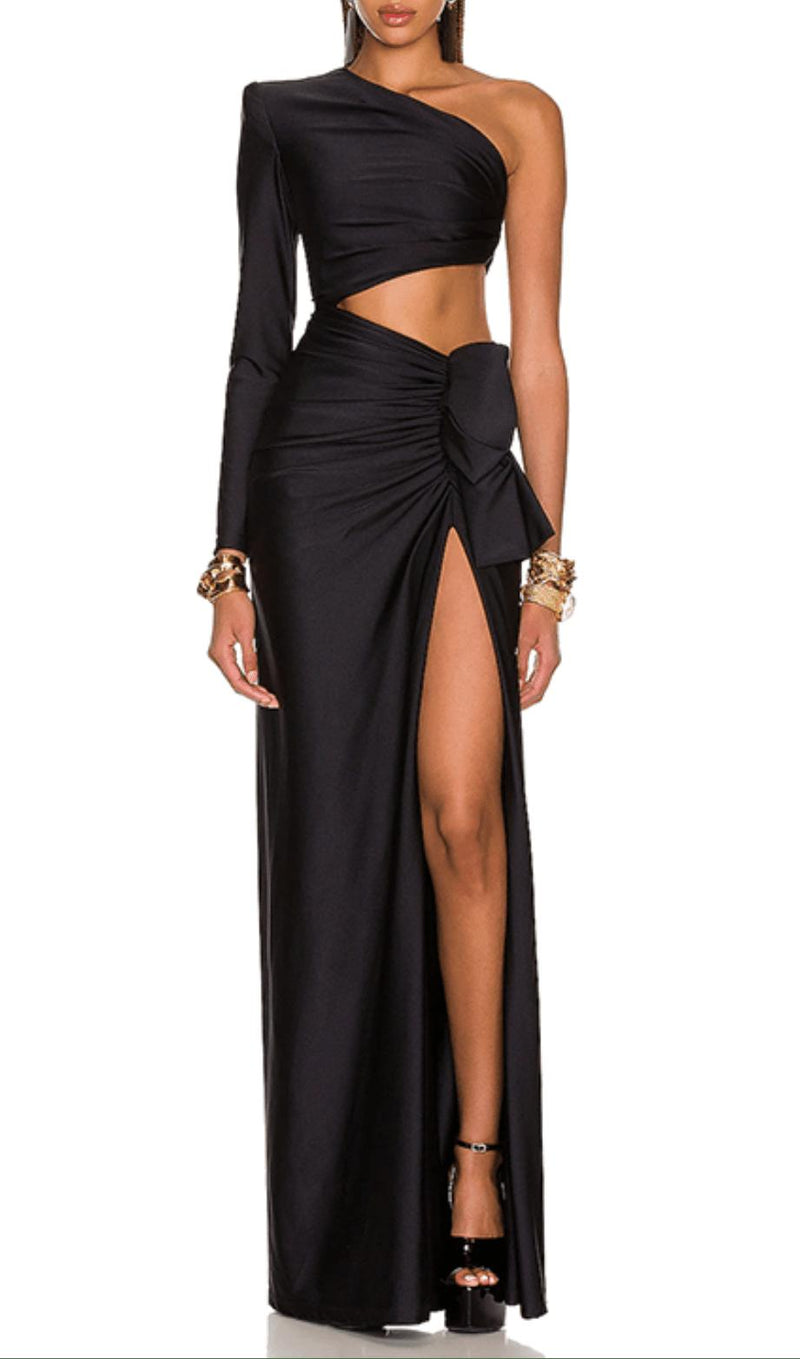 COPPER SPANDEX STITCHING SPLIT MAXI DRESS IN BLACK