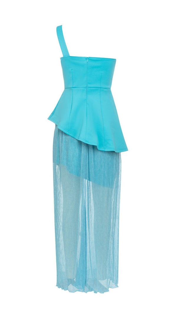 AIIZIE ONE SHOULDER BODYCON RUFFLED MESH BLUE PLEATED MIDI DRESS - product image