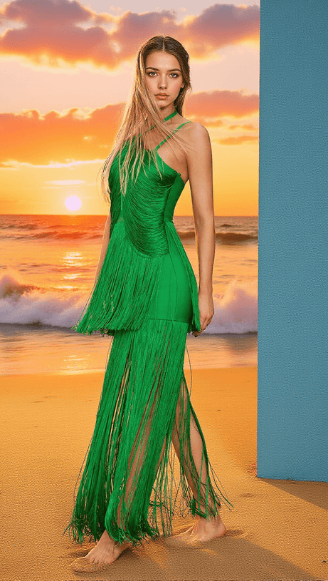 ABITO LUNGO CON FRANGE E FASCE IZUMI