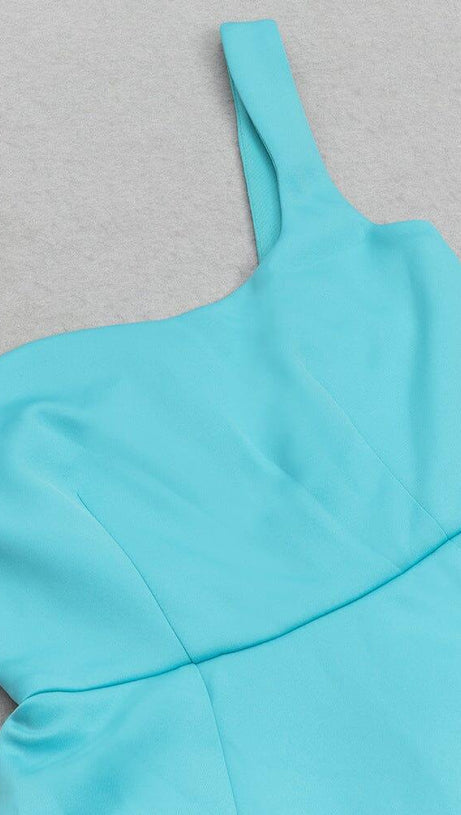 ONE SHOULDER BODYCON RUFFLED MESH BLUE PLEATED MIDI DRESS