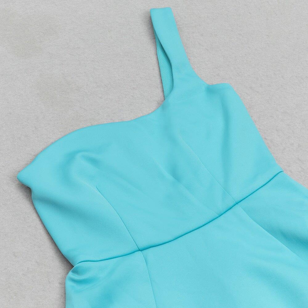 AIIZIE ONE SHOULDER BODYCON RUFFLED MESH BLUE PLEATED MIDI DRESS - product image