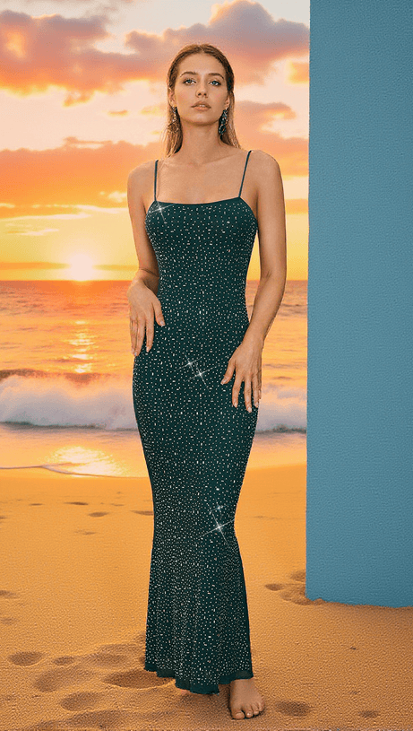 EMMANUELLE SPAGHETTI EMBELLISHED MAXI DRESS IN GREEN